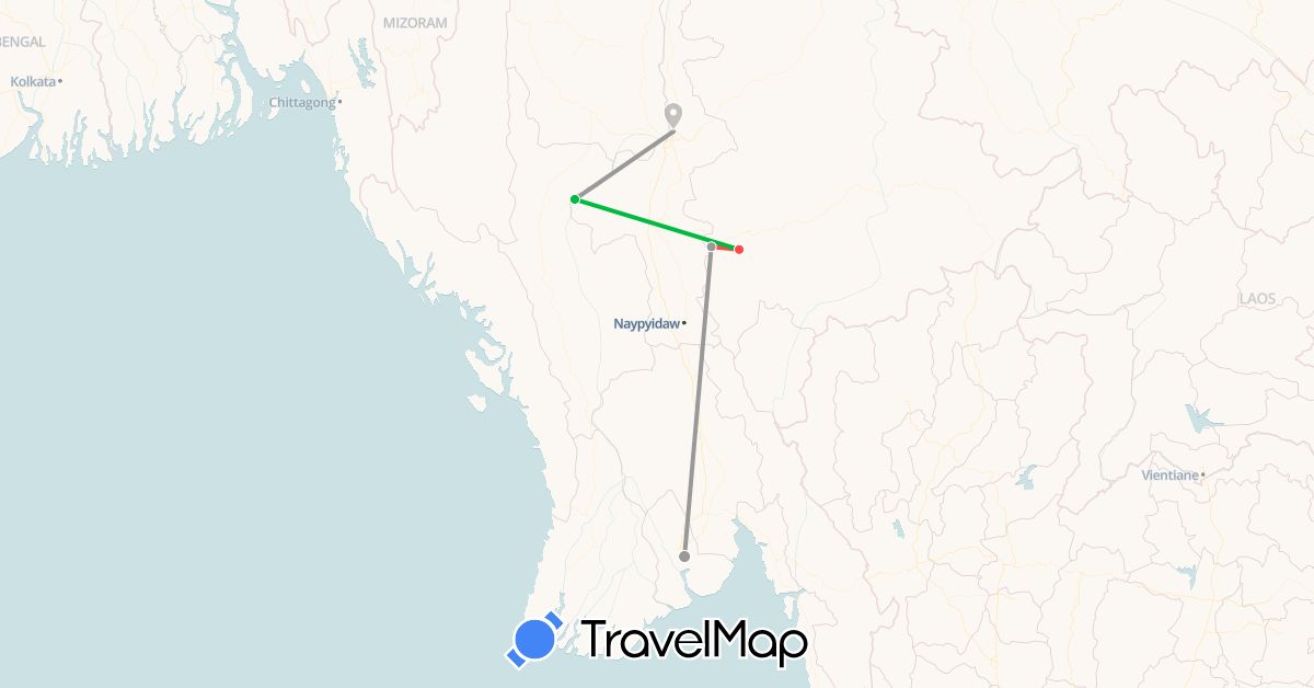 TravelMap itinerary: bus, plane, hiking in Myanmar (Burma) (Asia)
